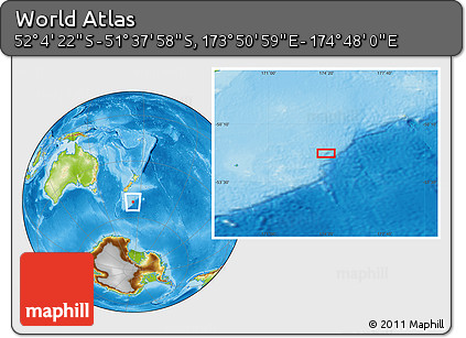 Physical Location Map of the Area around 51° 51' 10" S, 174° 19' 29" E