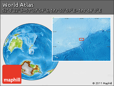 Physical Location Map of the Area around 51° 51' 10" S, 174° 19' 29" E