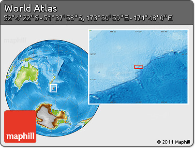 Physical Location Map of the Area around 51° 51' 10" S, 174° 19' 29" E