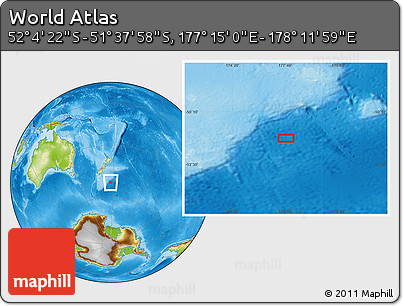Physical Location Map of the Area around 51° 51' 10" S, 177° 43' 29" E