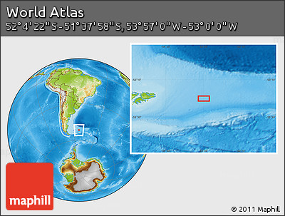 Physical Location Map of the Area around 51° 51' 10" S, 53° 28' 30" W