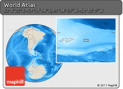 Shaded Relief Location Map of the Area around 51° 51' 10" S, 55° 10' 29" W