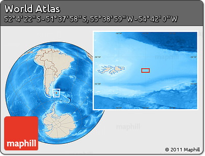 Shaded Relief Location Map of the Area around 51° 51' 10" S, 55° 10' 29" W