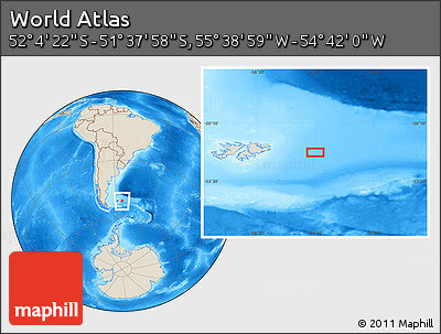Shaded Relief Location Map of the Area around 51° 51' 10" S, 55° 10' 29" W