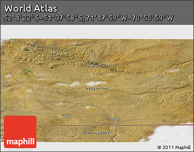 Satellite 3D Map of the Area around 51° 51' 10" S, 71° 19' 29" W