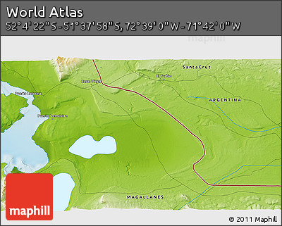Physical 3D Map of the Area around 51° 51' 10" S, 72° 10' 30" W