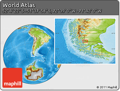 Physical Location Map of the Area around 51° 51' 10" S, 72° 10' 30" W