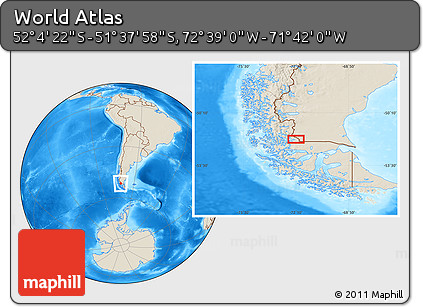 Shaded Relief Location Map of the Area around 51° 51' 10" S, 72° 10' 30" W