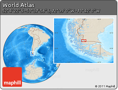 Shaded Relief Location Map of the Area around 51° 51' 10" S, 72° 10' 30" W