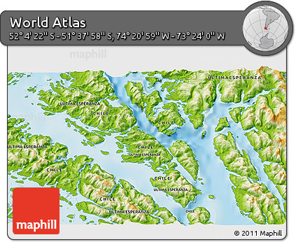 Physical 3D Map of the Area around 51° 51' 10" S, 73° 52' 30" W