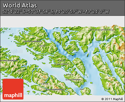 Physical 3D Map of the Area around 51° 51' 10" S, 73° 52' 30" W