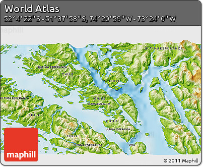 Physical 3D Map of the Area around 51° 51' 10" S, 73° 52' 30" W