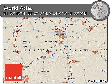 Shaded Relief Map of the Area around 52° 6' 54" N, 0° 4' 30" E