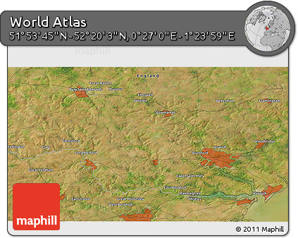 Satellite 3D Map of the Area around 52° 6' 54" N, 0° 55' 29" E
