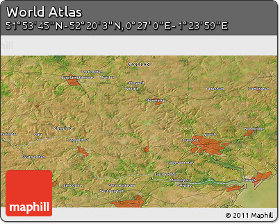 Satellite 3D Map of the Area around 52° 6' 54" N, 0° 55' 29" E