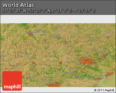 Satellite 3D Map of the Area around 52° 6' 54" N, 0° 55' 29" E