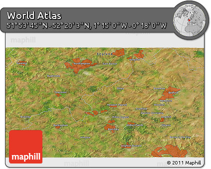 Satellite 3D Map of the Area around 52° 6' 54" N, 0° 46' 30" W