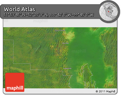 Satellite 3D Map of the Area around 52° 6' 54" N, 100° 13' 29" W