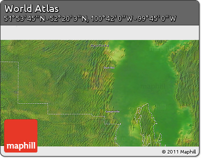 Satellite 3D Map of the Area around 52° 6' 54" N, 100° 13' 29" W