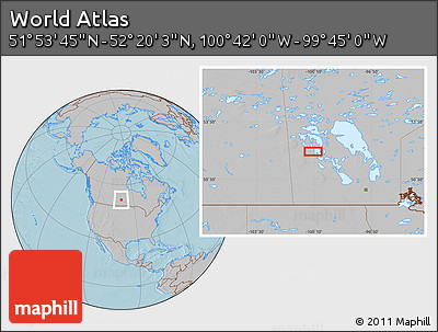 Gray Location Map of the Area around 52° 6' 54" N, 100° 13' 29" W, hill shading