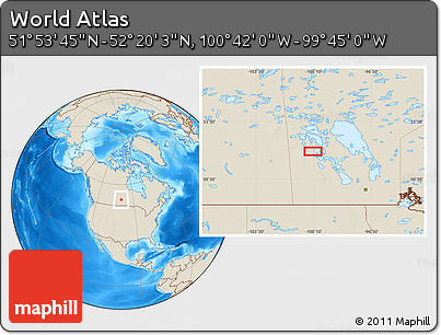 Shaded Relief Location Map of the Area around 52° 6' 54" N, 100° 13' 29" W