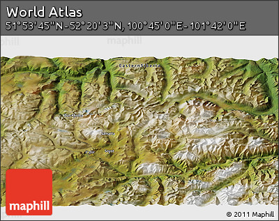 Satellite 3D Map of the Area around 52° 6' 54" N, 101° 13' 29" E