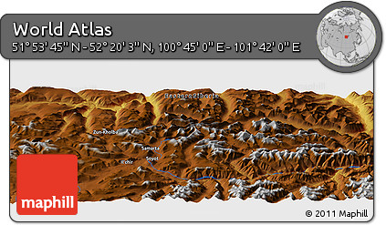 Physical Panoramic Map of the Area around 52° 6' 54" N, 101° 13' 29" E