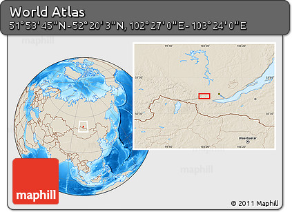 Shaded Relief Location Map of the Area around 52° 6' 54" N, 102° 55' 30" E