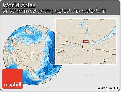 Shaded Relief Location Map of the Area around 52° 6' 54" N, 102° 55' 30" E