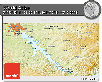 Physical 3D Map of the Area around 52° 6' 54" N, 104° 37' 30" E