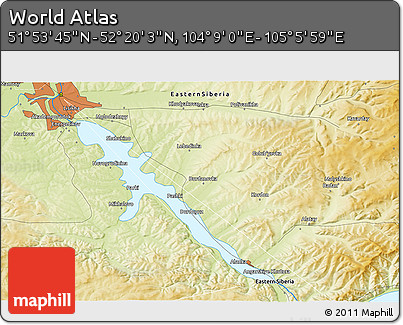 Physical 3D Map of the Area around 52° 6' 54" N, 104° 37' 30" E