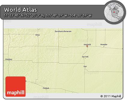 Physical 3D Map of the Area around 52° 6' 54" N, 105° 19' 29" W