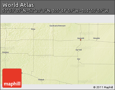 Physical 3D Map of the Area around 52° 6' 54" N, 105° 19' 29" W