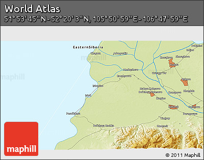 Physical 3D Map of the Area around 52° 6' 54" N, 106° 19' 29" E