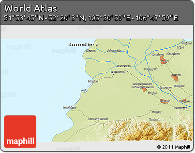 Physical 3D Map of the Area around 52° 6' 54" N, 106° 19' 29" E