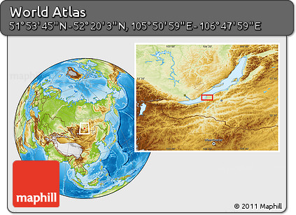 Physical Location Map of the Area around 52° 6' 54" N, 106° 19' 29" E