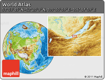 Physical Location Map of the Area around 52° 6' 54" N, 106° 19' 29" E