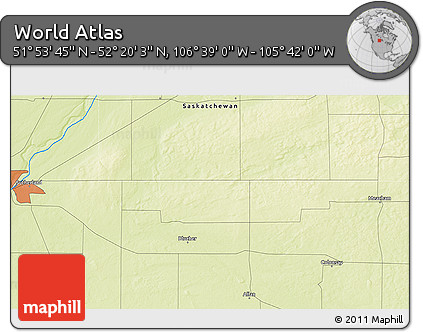 Physical 3D Map of the Area around 52° 6' 54" N, 106° 10' 30" W