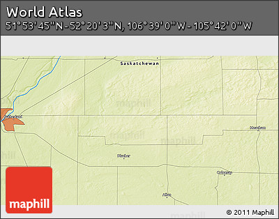 Physical 3D Map of the Area around 52° 6' 54" N, 106° 10' 30" W