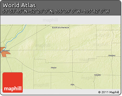 Physical 3D Map of the Area around 52° 6' 54" N, 106° 10' 30" W