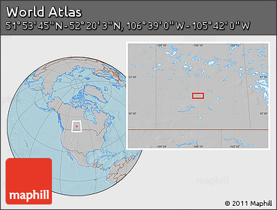 Gray Location Map of the Area around 52° 6' 54" N, 106° 10' 30" W, hill shading