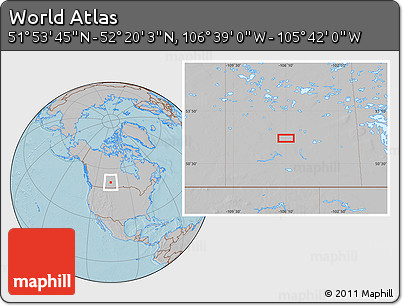 Gray Location Map of the Area around 52° 6' 54" N, 106° 10' 30" W, hill shading