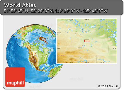 Physical Location Map of the Area around 52° 6' 54" N, 106° 10' 30" W