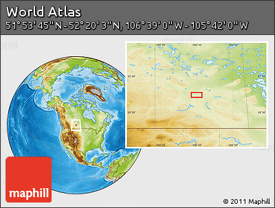 Physical Location Map of the Area around 52° 6' 54" N, 106° 10' 30" W