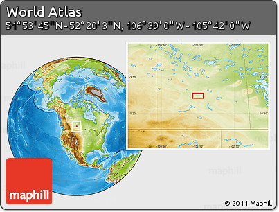 Physical Location Map of the Area around 52° 6' 54" N, 106° 10' 30" W