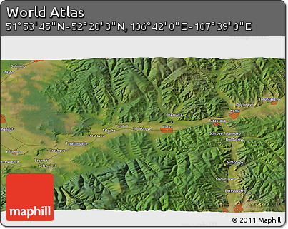 Satellite 3D Map of the Area around 52° 6' 54" N, 107° 10' 30" E