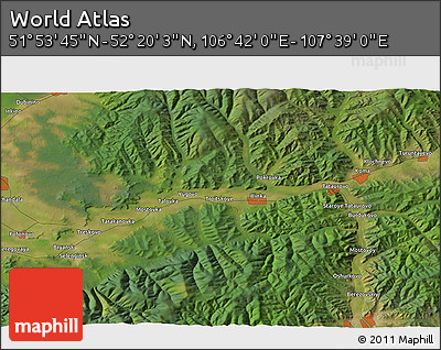 Satellite 3D Map of the Area around 52° 6' 54" N, 107° 10' 30" E