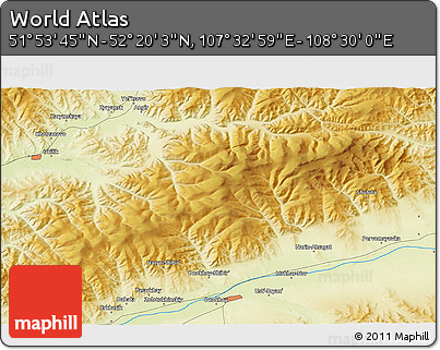 Physical 3D Map of the Area around 52° 6' 54" N, 108° 1' 30" E