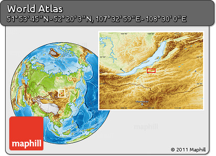 Physical Location Map of the Area around 52° 6' 54" N, 108° 1' 30" E