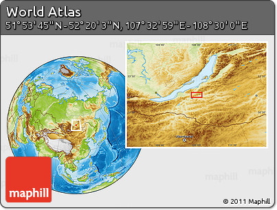 Physical Location Map of the Area around 52° 6' 54" N, 108° 1' 30" E